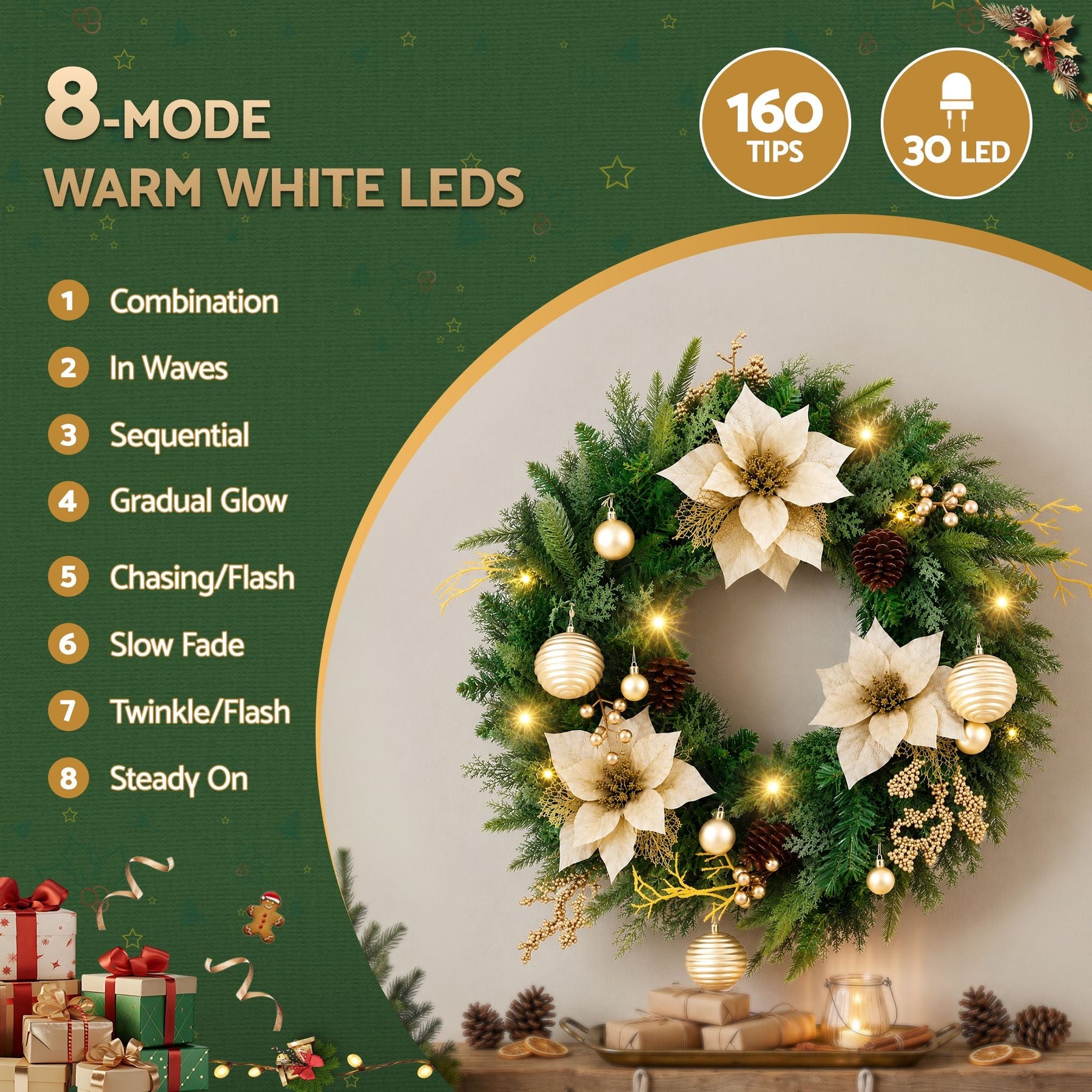 Jingle Jollys 60cm Pre-Lit Christmas Wreath LED Garlands Gold Flowers Pinecones Decor - SportZone.co.nz