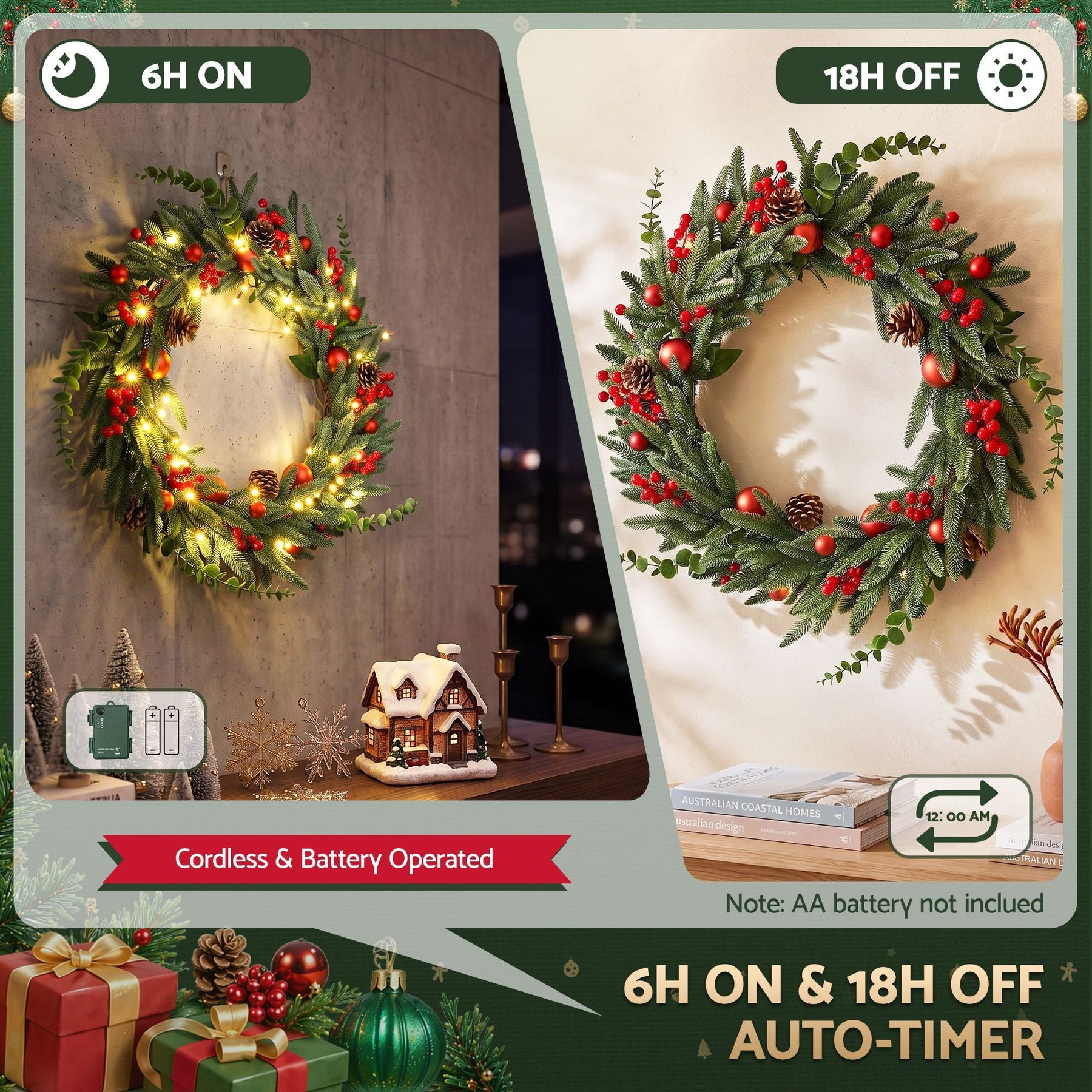 Jingle Jollys 60cm Pre-Lit Christmas Wreath LED Light Front Door Xmas Decor Garland - SportZone.co.nz