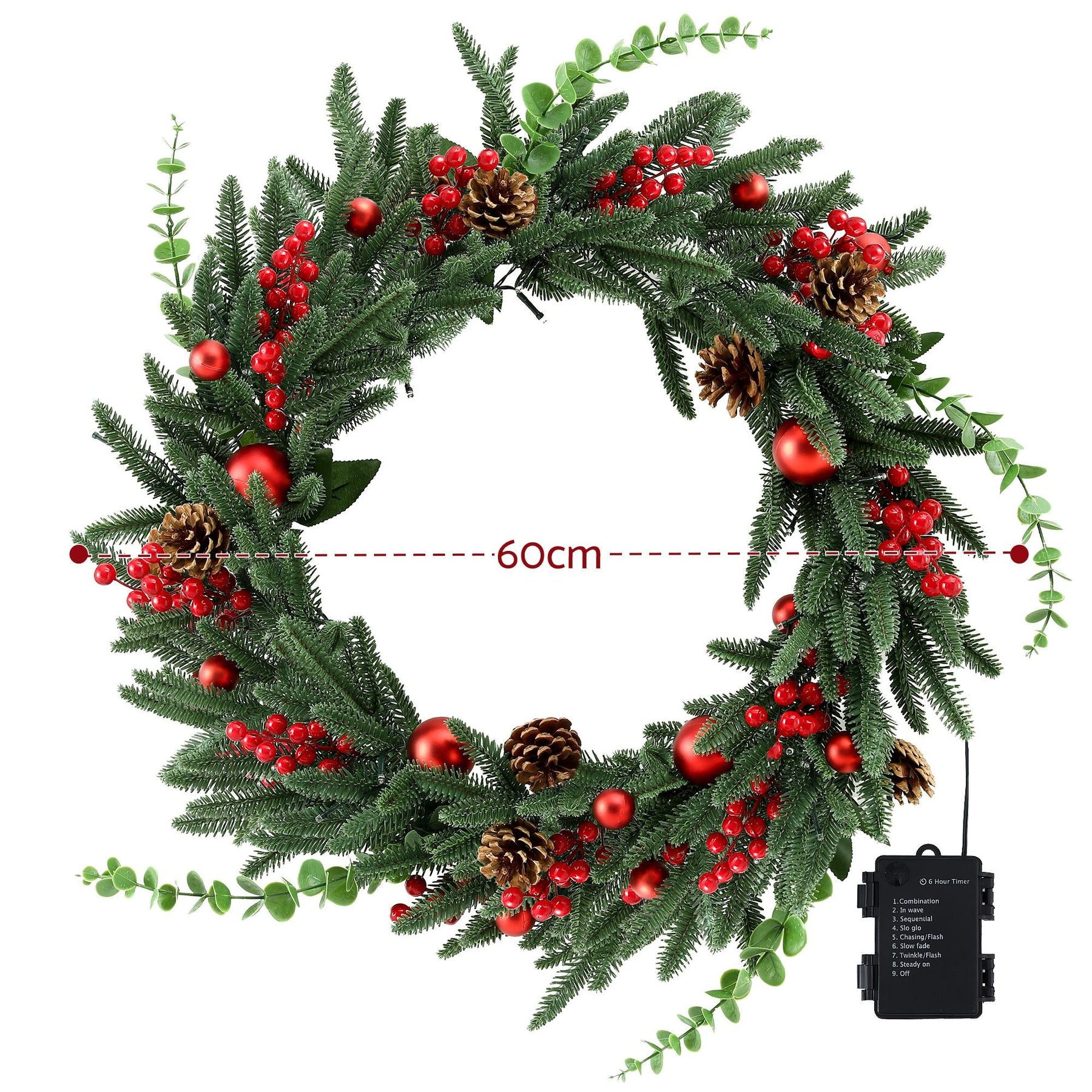 Jingle Jollys 60cm Pre-Lit Christmas Wreath LED Light Front Door Xmas Decor Garland - SportZone.co.nz