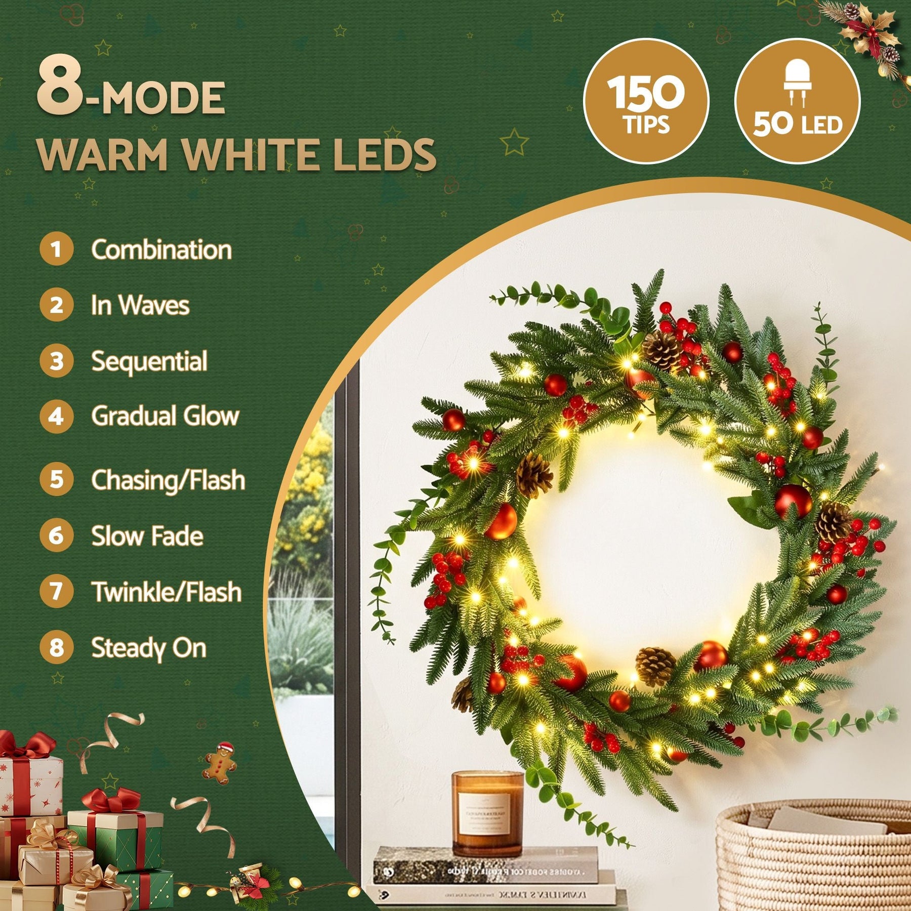 Jingle Jollys 60cm Pre-Lit Christmas Wreath LED Light Front Door Xmas Decor Garland - SportZone.co.nz