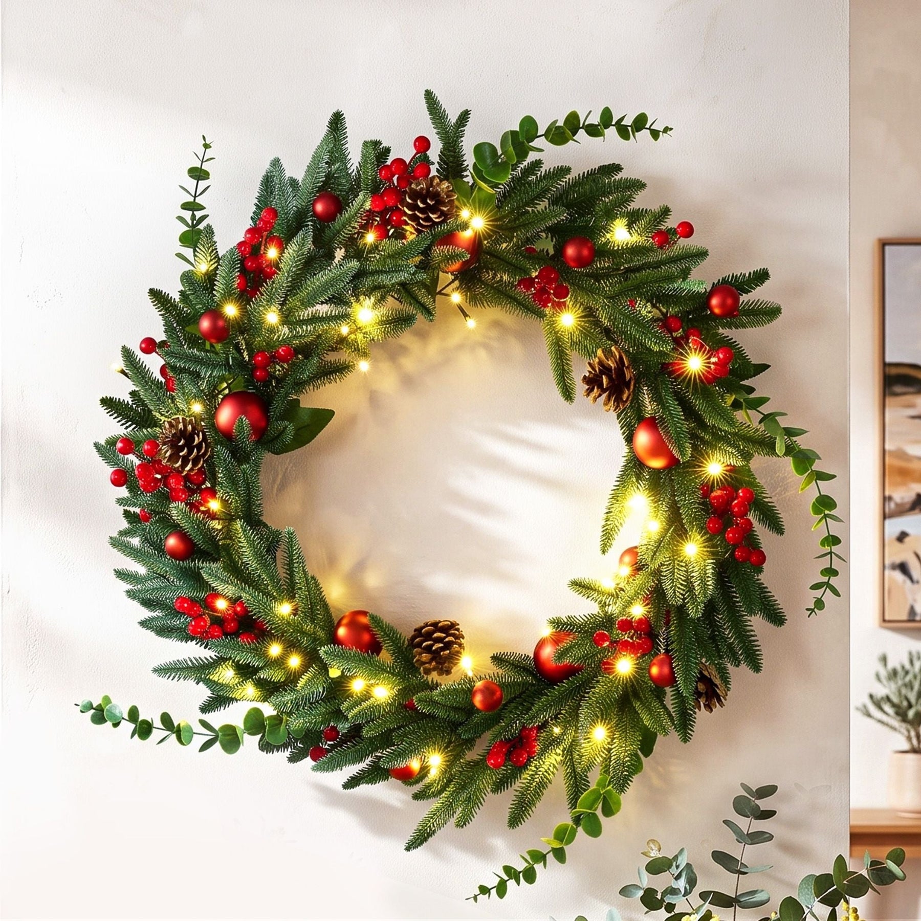 Jingle Jollys 60cm Pre-Lit Christmas Wreath LED Light Front Door Xmas Decor Garland - SportZone.co.nz