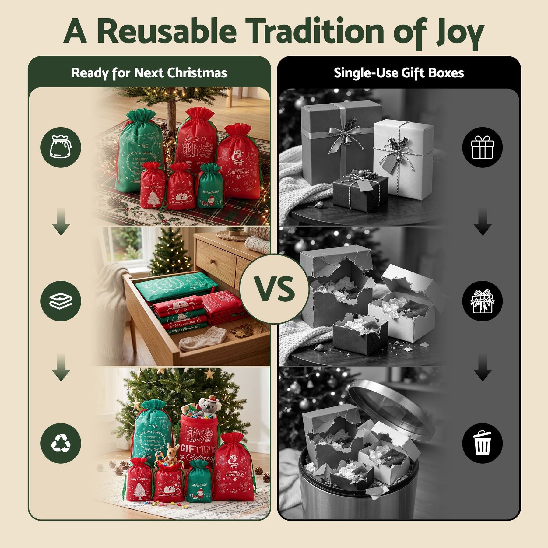 Jingle Jollys 6PCS Christmas Santa Sacks Drawstring Reusable Gift Storage Bags 2 Sizes - SportZone.co.nz