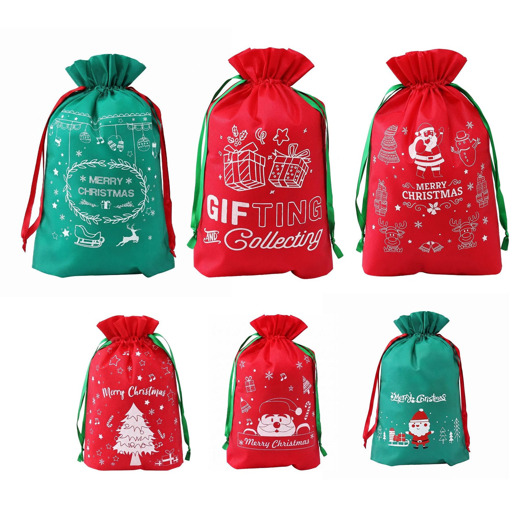 Jingle Jollys 6PCS Christmas Santa Sacks Drawstring Reusable Gift Storage Bags 2 Sizes - SportZone.co.nz