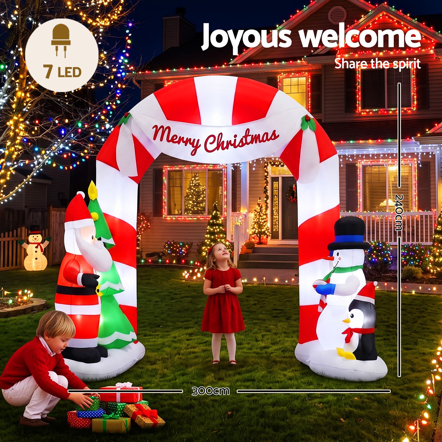 Jingle Jollys Christmas Inflatable Archwary Santa 3M Illuminated Decorations - SportZone.co.nz