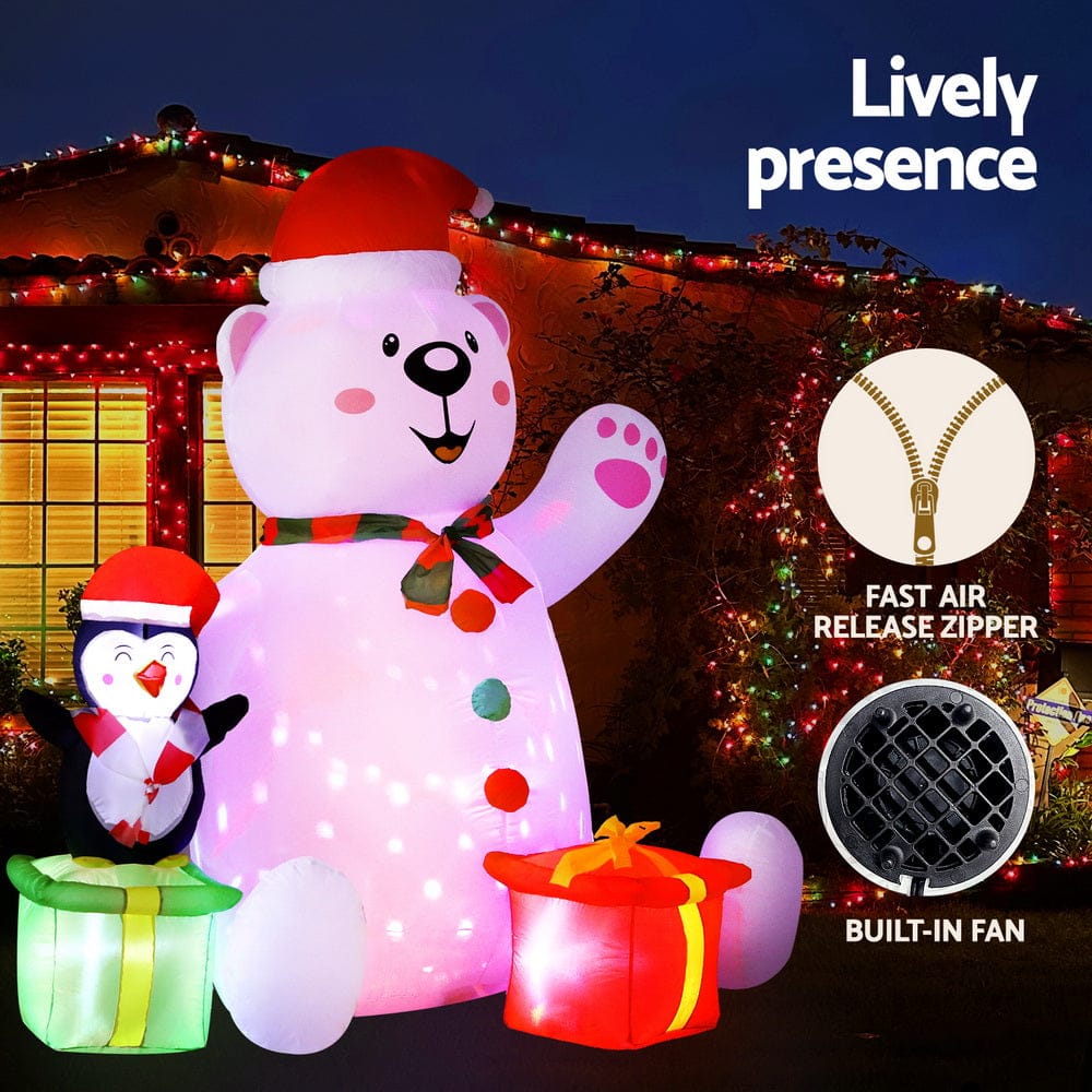 Jingle Jollys Christmas Inflatable Bear 1.8M Height LED Outdoor Decorations Illuminated - SportZone.co.nz