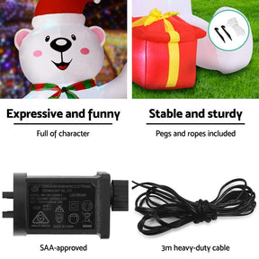 Jingle Jollys Christmas Inflatable Bear 1.8M Height LED Outdoor Decorations Illuminated - SportZone.co.nz