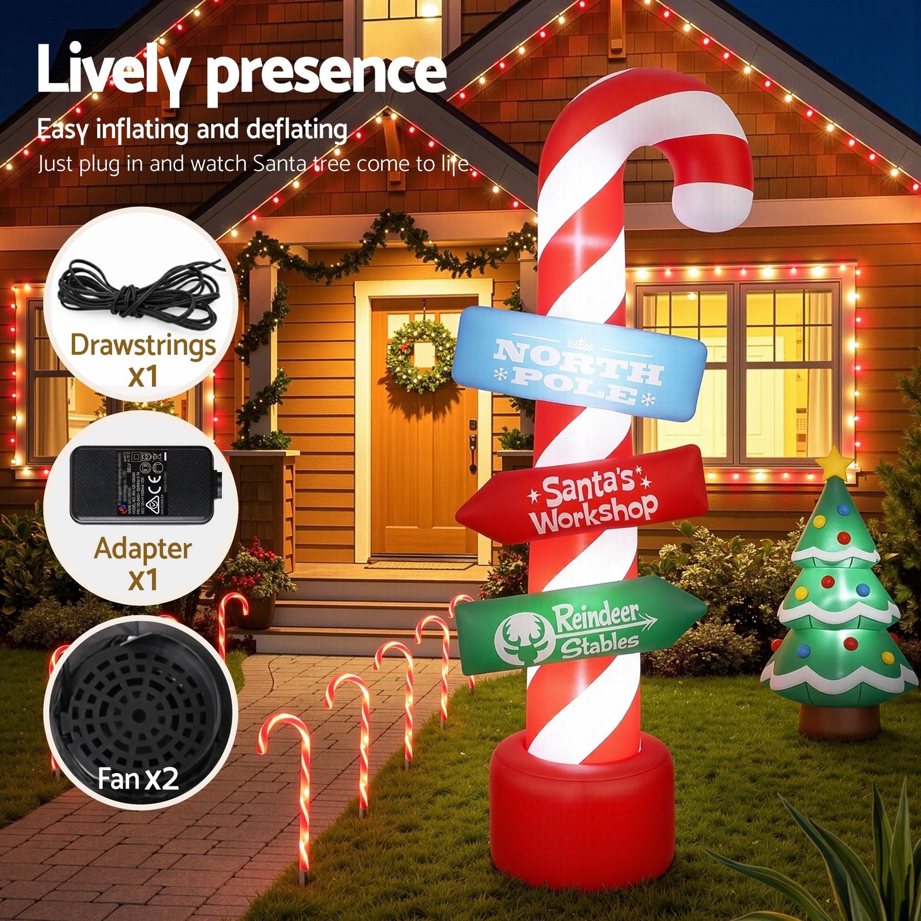 Jingle Jollys Christmas Inflatable Candy Pole 2.4M Illuminated Decorations - SportZone.co.nz
