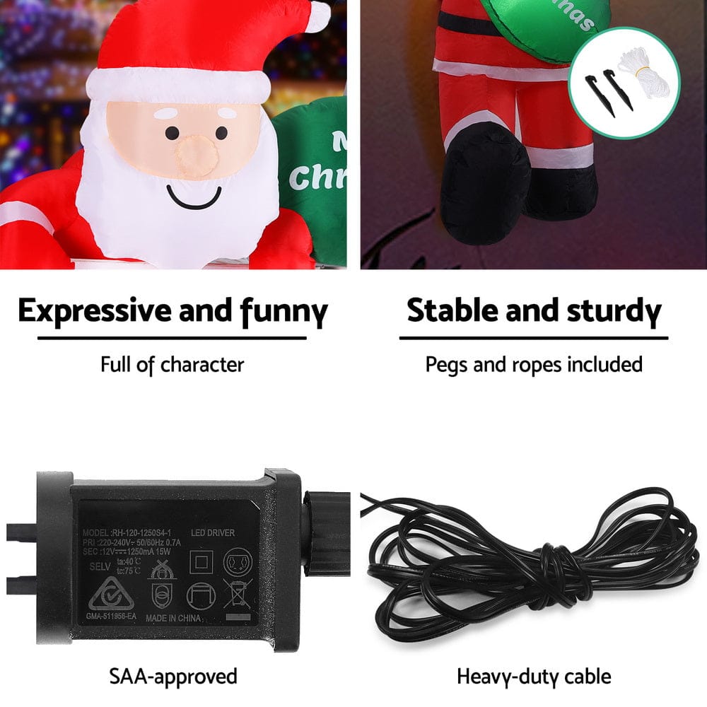 Jingle Jollys Christmas Inflatable Climbing Santa 2.5M Height LED Decorations Illuminated - SportZone.co.nz