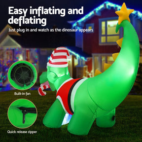 Jingle Jollys Christmas Inflatable Dinosaur 1.86M Height LED Decorations Illuminated - SportZone.co.nz