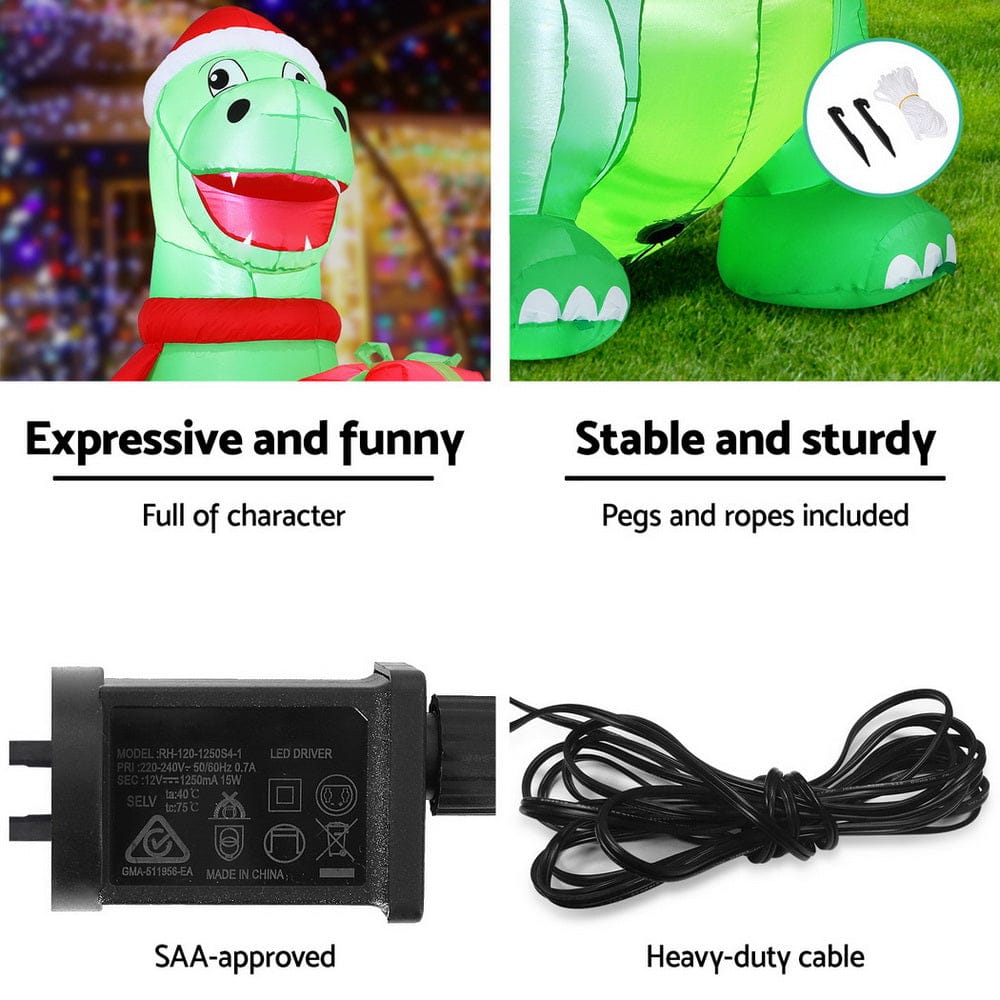 Jingle Jollys Christmas Inflatable Dinosaur 1.8M Height LED Decorations Illuminated - SportZone.co.nz
