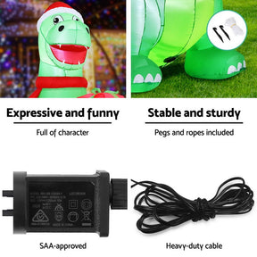 Jingle Jollys Christmas Inflatable Dinosaur 1.8M Height LED Decorations Illuminated - SportZone.co.nz