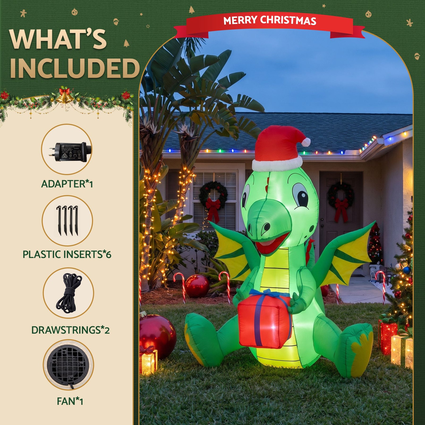 Jingle Jollys Christmas Inflatable Dragon 1.8M Height LED Outdoor Decorations Illuminated - SportZone.co.nz