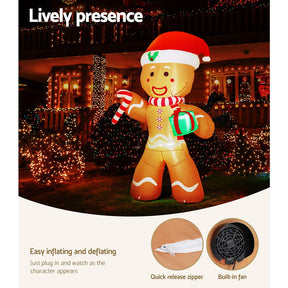 Jingle Jollys Christmas Inflatable Gingerbread Man 2.4M Illuminated Decorations - SportZone.co.nz