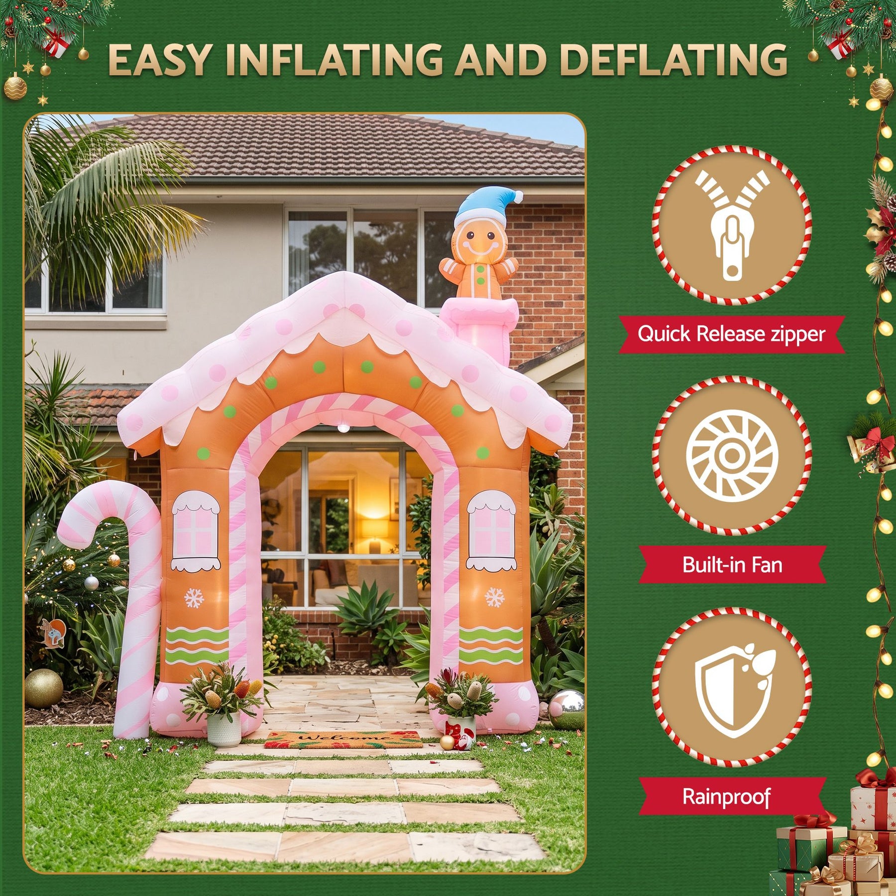 Jingle Jollys Christmas Inflatable Gingerbread Man Candy 3.2M Illuminated Decorations - SportZone.co.nz