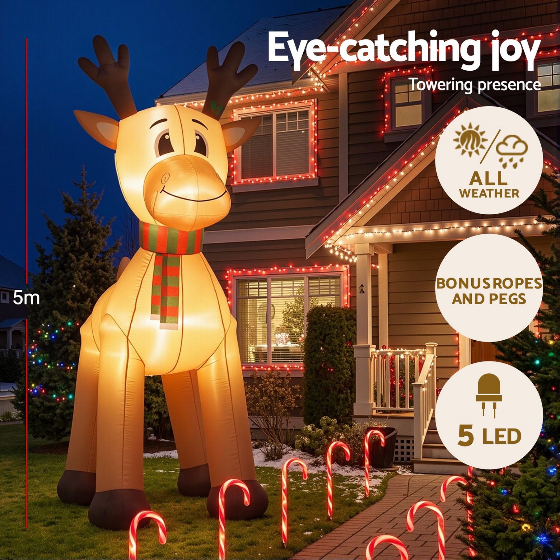 Jingle Jollys Christmas Inflatable Reindeer 5M Illuminated Decorations - SportZone.co.nz