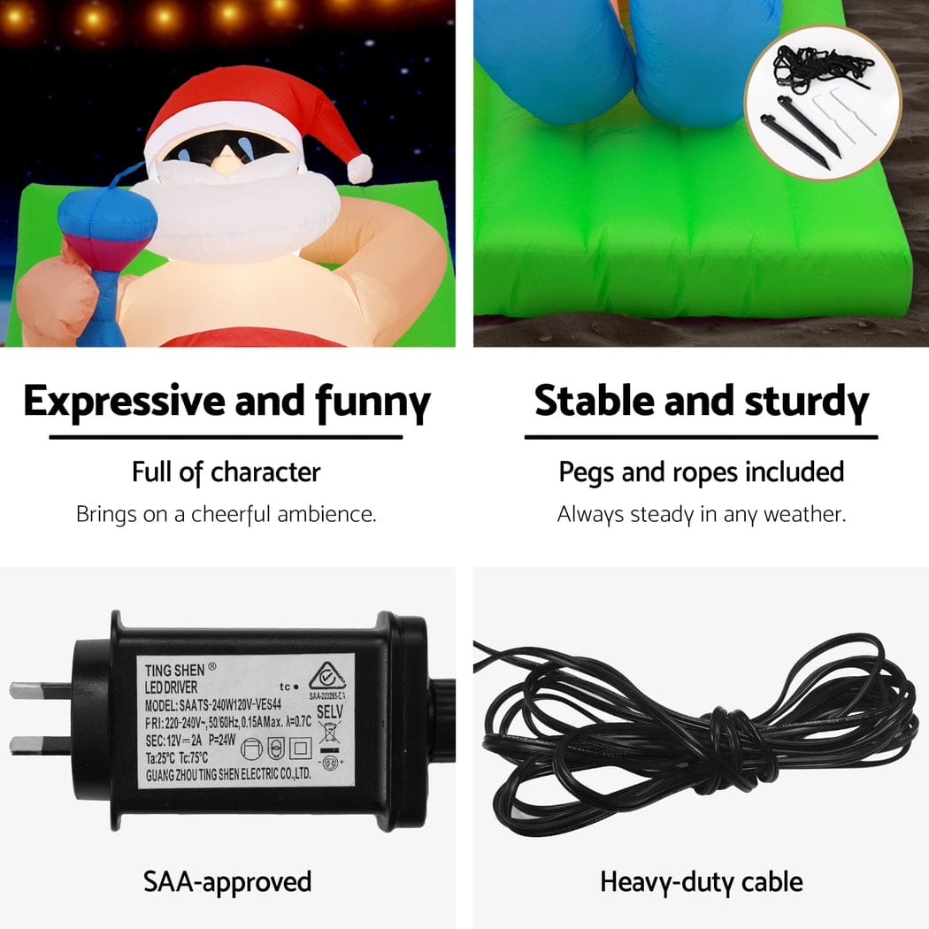 Jingle Jollys Christmas Inflatable Santa Bench 1.8M LED Illuminated Decorations - SportZone.co.nz