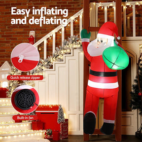Jingle Jollys Christmas Inflatable Santa Climbing Ladder 2.45M Height LED Decorations Illuminated - SportZone.co.nz