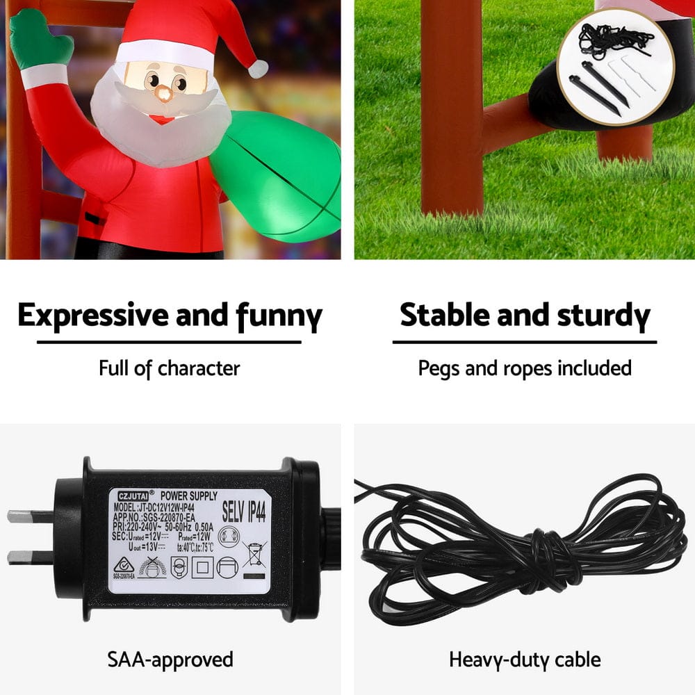 Jingle Jollys Christmas Inflatable Santa Climbing Ladder 2.45M Height LED Decorations Illuminated - SportZone.co.nz
