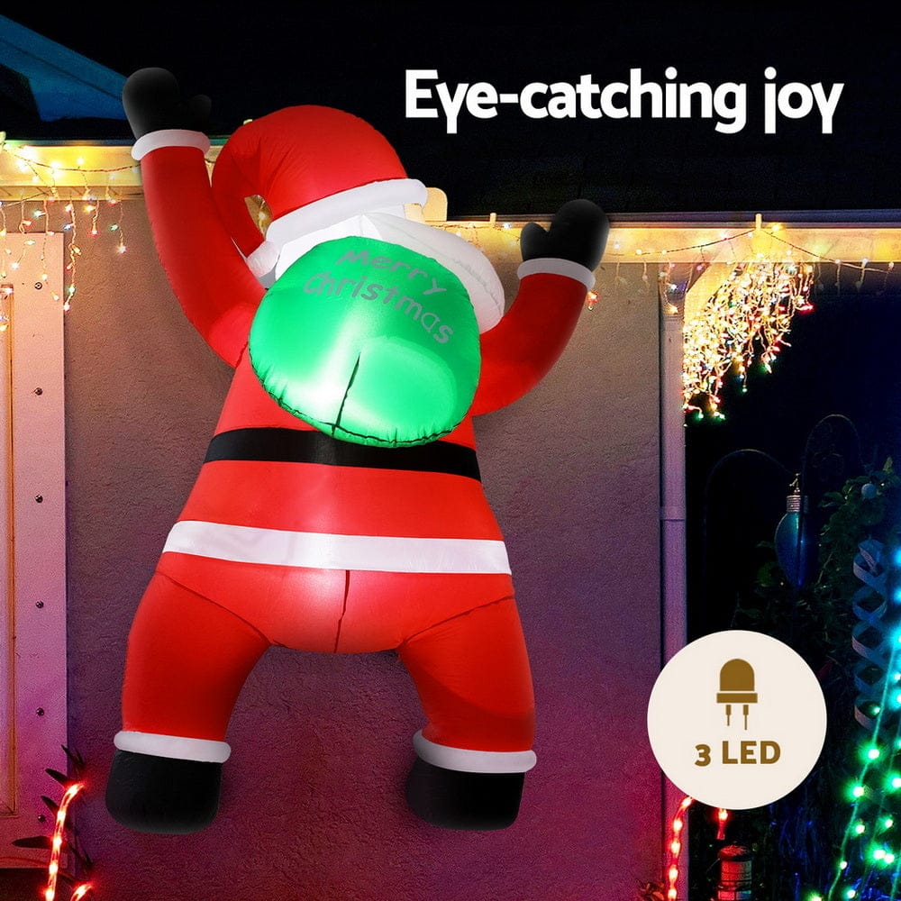 Jingle Jollys Christmas Inflatable Santa Climbing LED Illuminated Decorations 1.9M - SportZone.co.nz