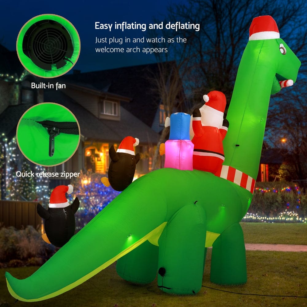 Jingle Jollys Christmas Inflatable Santa Dinosaur 3.8M Illuminated Decorations - SportZone.co.nz