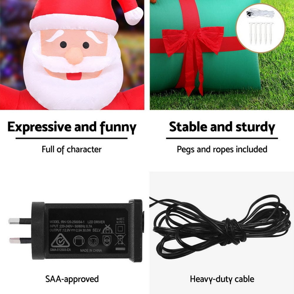 Jingle Jollys Christmas Inflatable Santa in Ballon 2.8M Height LED Decorations Illuminated - SportZone.co.nz