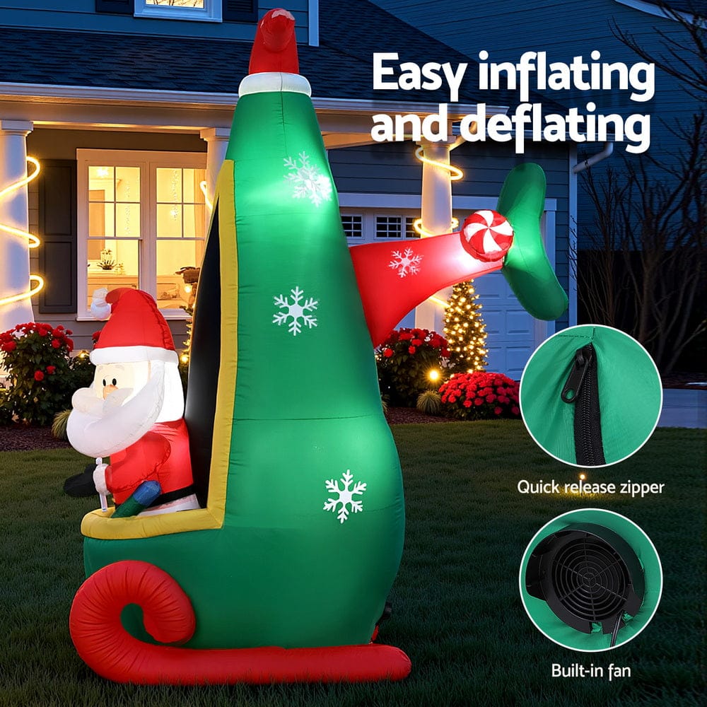 Jingle Jollys Christmas Inflatable Santa in Helicopter 2.55M Height LED Illuminated Decorations - SportZone.co.nz