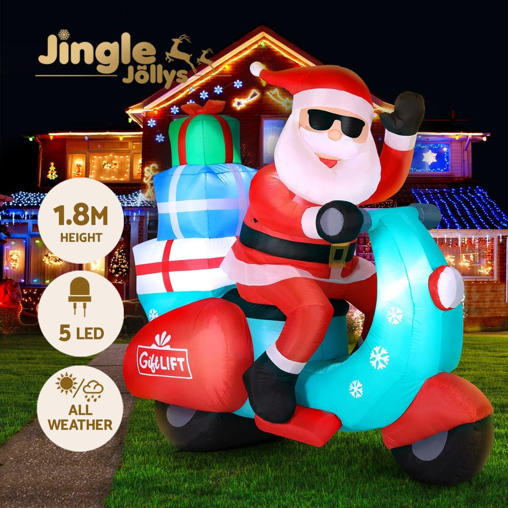 Jingle Jollys Christmas Inflatable Santa Motorbike LED Illuminated Decorations - SportZone.co.nz