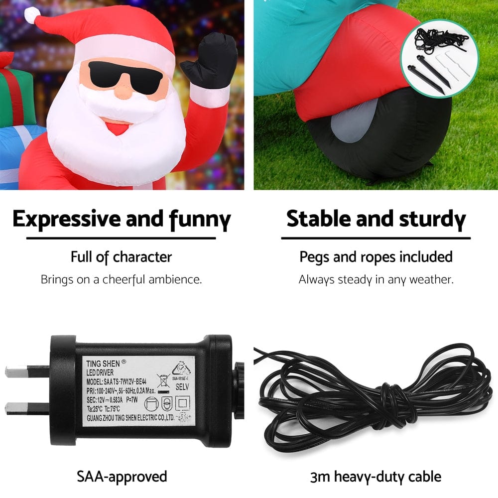 Jingle Jollys Christmas Inflatable Santa Motorbike LED Illuminated Decorations - SportZone.co.nz