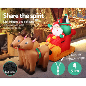 Jingle Jollys Christmas Inflatable Santa Sleigh 2.2M Illuminated Decorations - SportZone.co.nz