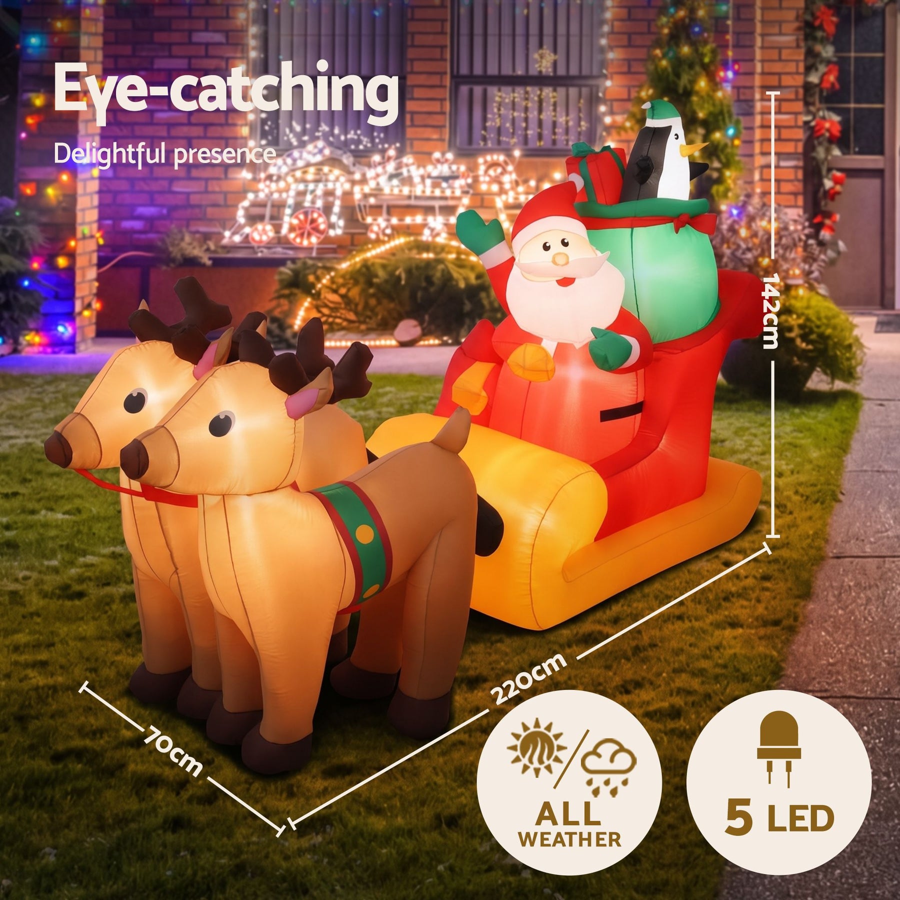Jingle Jollys Christmas Inflatable Santa Sleigh 2.2M Illuminated Decorations - SportZone.co.nz