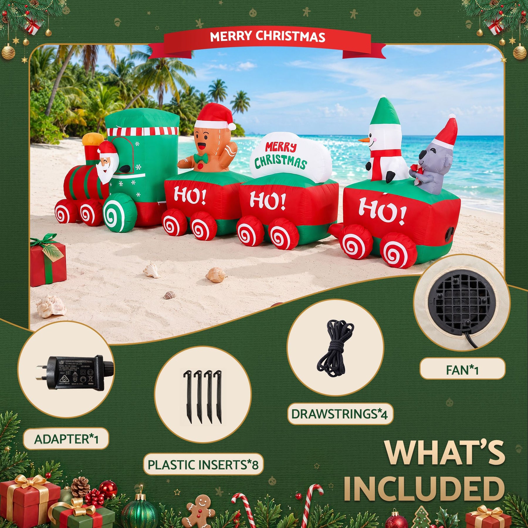 Jingle Jollys Christmas Inflatable Santa Train 3.6M Length LED Decorations Illuminated - SportZone.co.nz