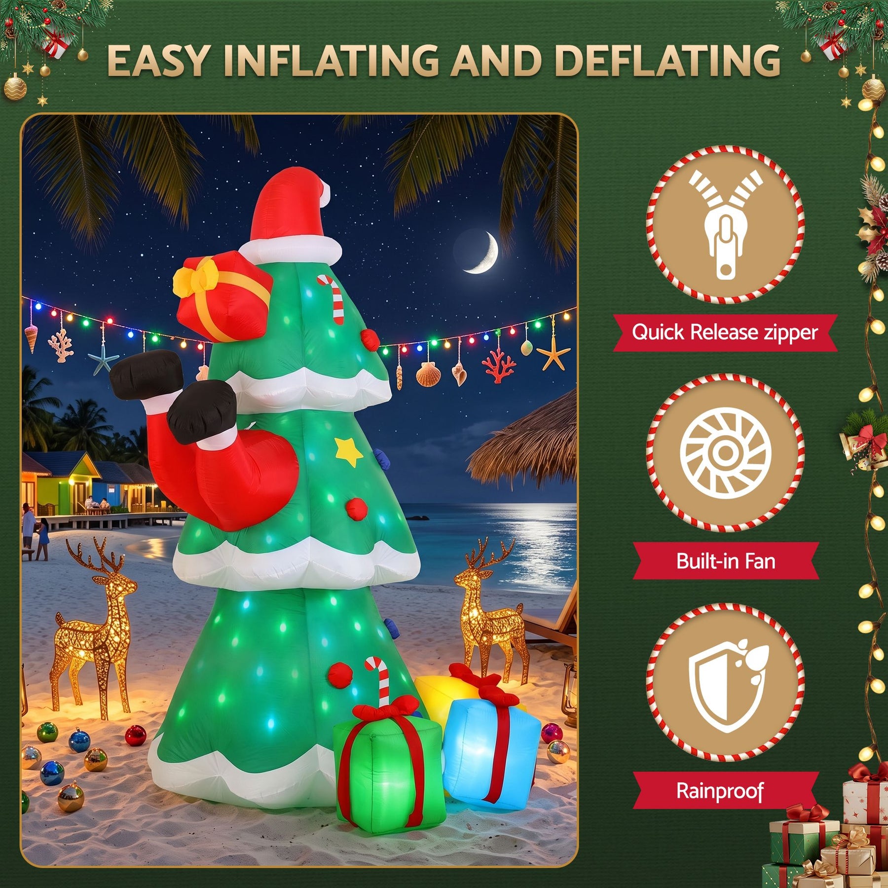 Jingle Jollys Christmas Inflatable Santa Tree 2.5M Height Flashing Light Decorations Illuminated - SportZone.co.nz