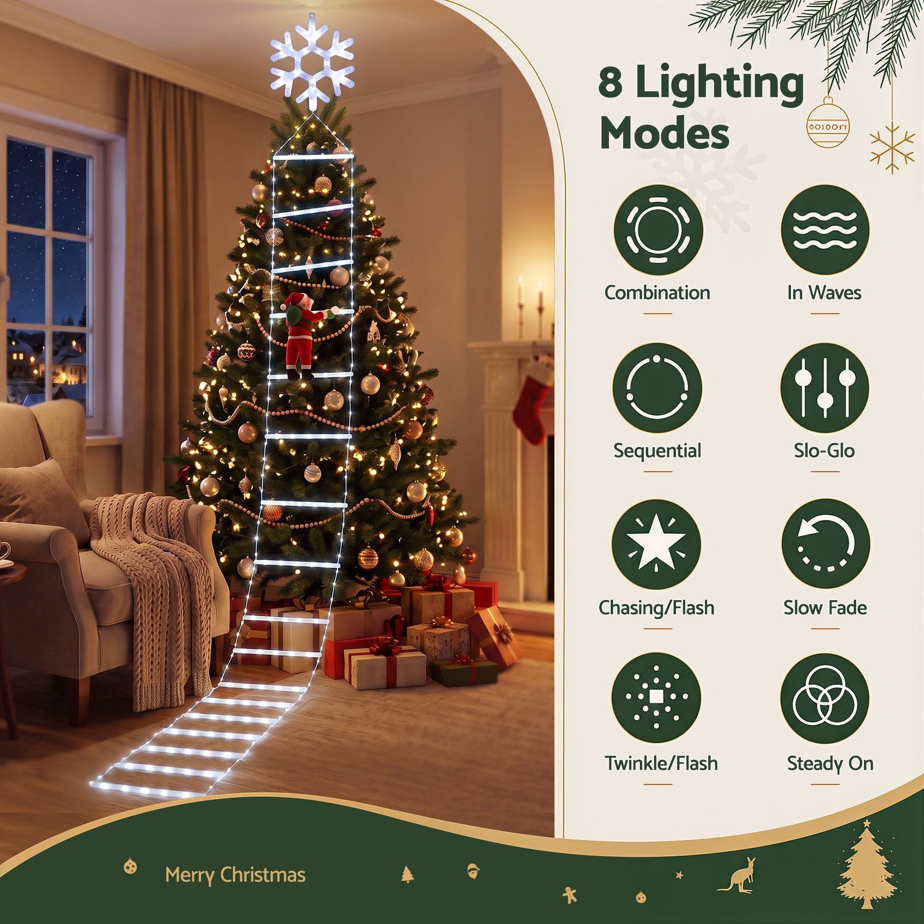 Jingle Jollys Christmas Ladder Lights Santa 3.4m 328LED Hanging Decor Cool White - SportZone.co.nz