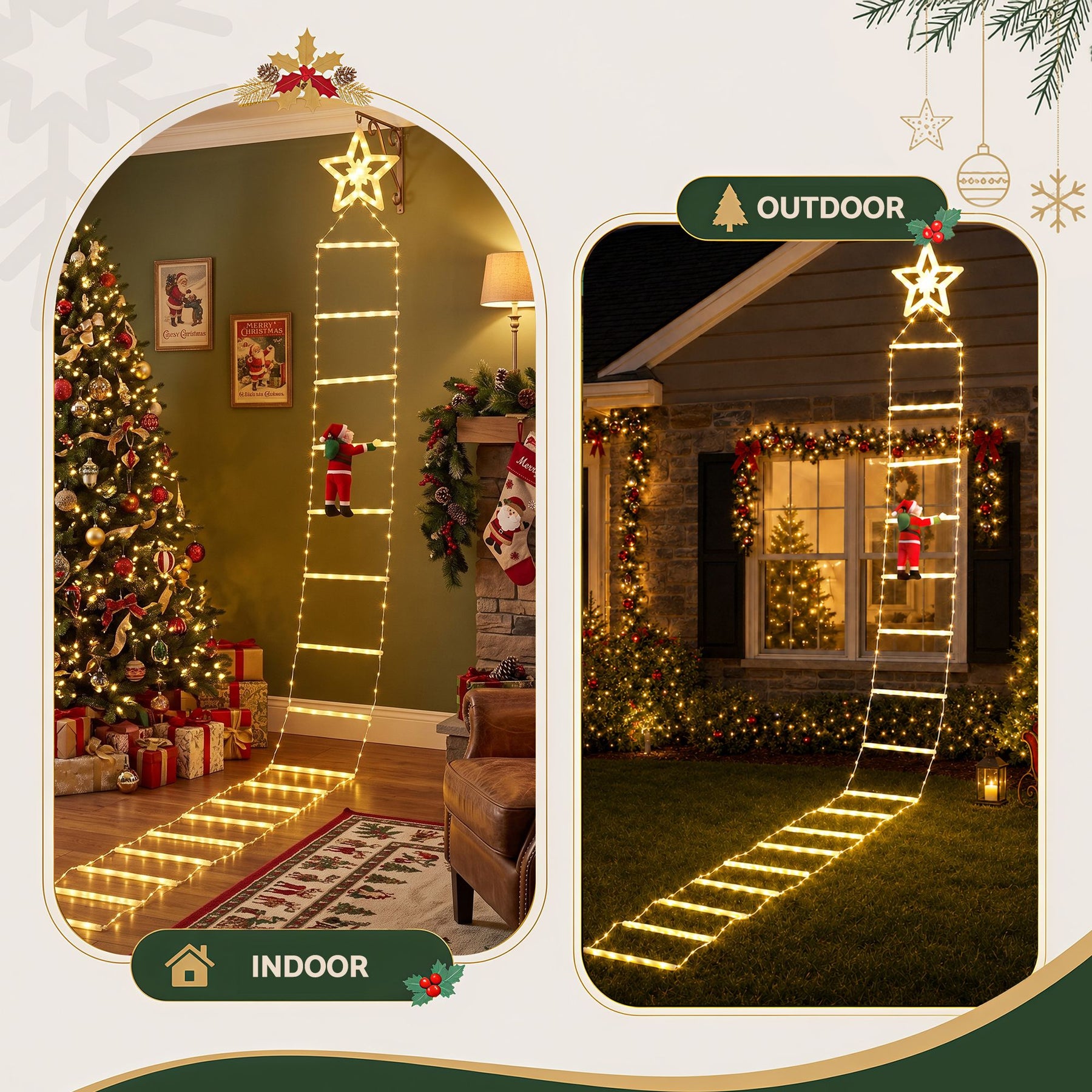 Jingle Jollys Christmas Ladder Lights Santa 3.4m 328LED Hanging Decor Warm White - SportZone.co.nz