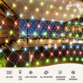 Jingle Jollys Christmas Lights 5Mx3M Net String Light 600 LED Colourful Beads - SportZone.co.nz