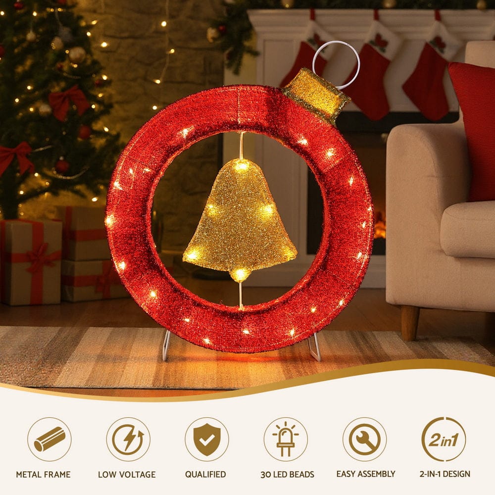 Jingle Jollys Christmas Lights 60cm Motif 30 LED Bell Wreath Xmas Decorations - SportZone.co.nz