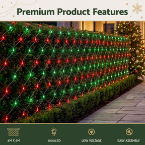 Jingle Jollys Christmas Lights 6x4m Christmas Net Lights 1000LED Red Green Festive Lighting - SportZone.co.nz