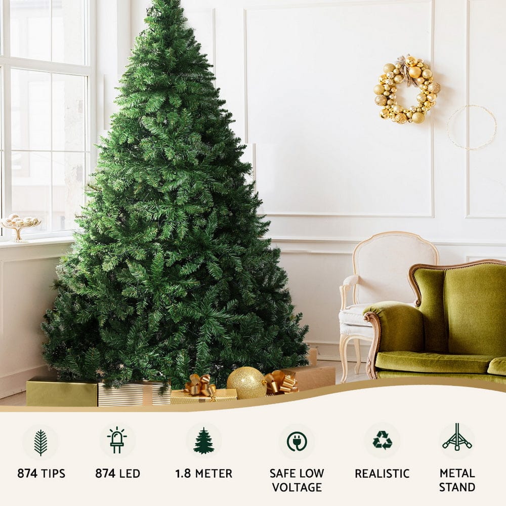 Jingle Jollys Christmas Tree 1.8m LED Xmas Tree Decorations 874 Tips - SportZone.co.nz