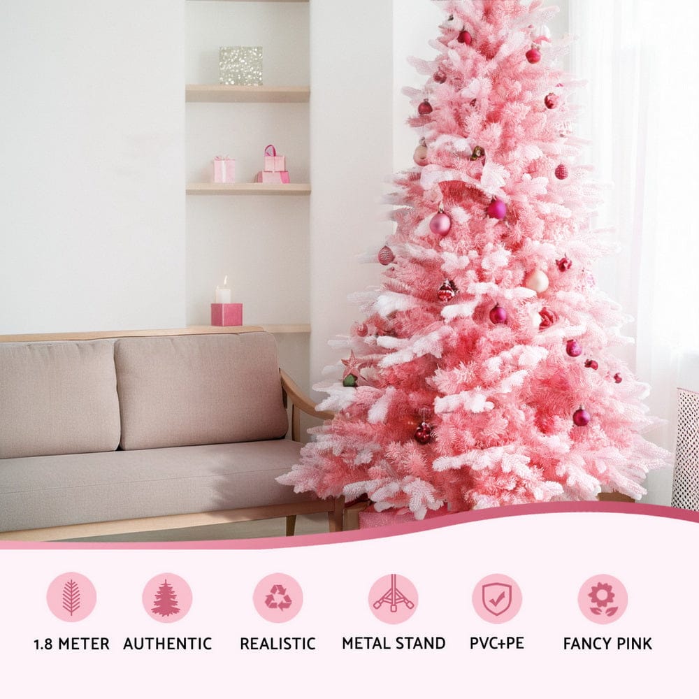 Jingle Jollys Christmas Tree 1.8m Pink Xmas Tree Snowy Party Decor 810 Tips - SportZone.co.nz