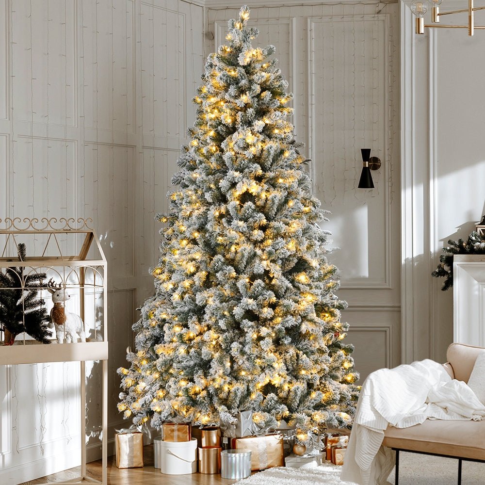 Jingle Jollys Christmas Tree 1.8m Snow Flocked LED Xmas Decoration 8 Light Modes - SportZone.co.nz