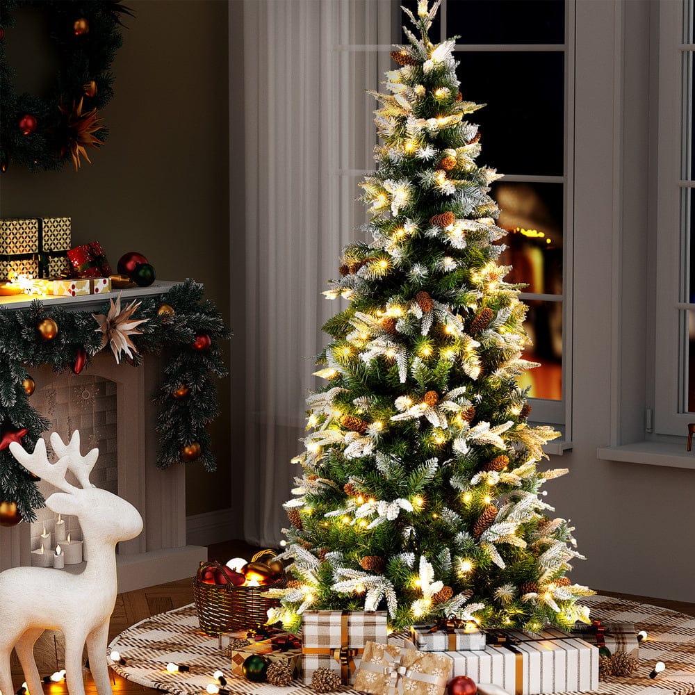 Jingle Jollys Christmas Tree 190cm Pine Cones LED Flocking Xmas Tree 680 Tips - SportZone.co.nz