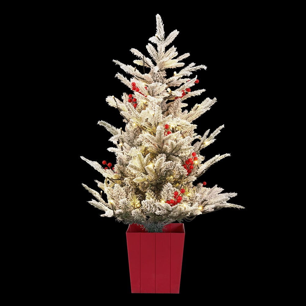 Jingle Jollys Christmas Tree 1M LED Potted Xmas Party Decor Red Barries Flocked - SportZone.co.nz
