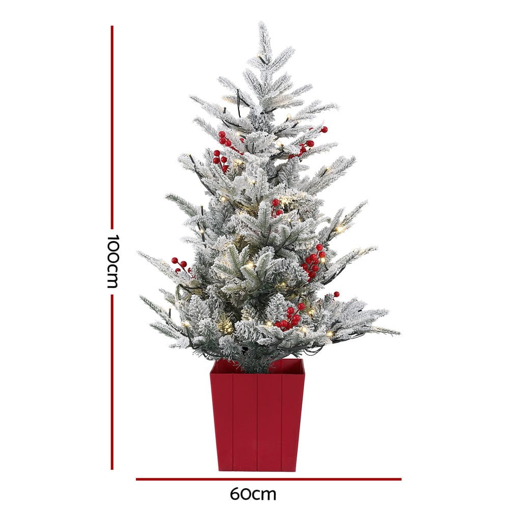 Jingle Jollys Christmas Tree 1M LED Potted Xmas Party Decor Red Barries Flocked - SportZone.co.nz