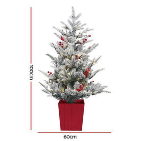 Jingle Jollys Christmas Tree 1M LED Potted Xmas Party Decor Red Barries Flocked - SportZone.co.nz