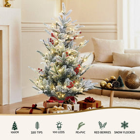 Jingle Jollys Christmas Tree 1M LED Potted Xmas Party Decor Red Barries Flocked - SportZone.co.nz