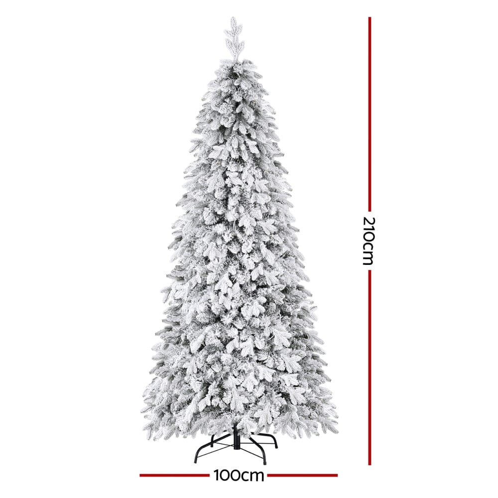 Jingle Jollys Christmas Tree 2.1m Flocking Pencil Tree LED Xmas 860 Tips White - SportZone.co.nz