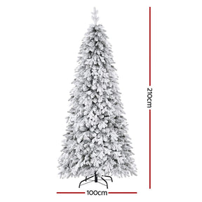 Jingle Jollys Christmas Tree 2.1m Flocking Pencil Tree LED Xmas 860 Tips White - SportZone.co.nz