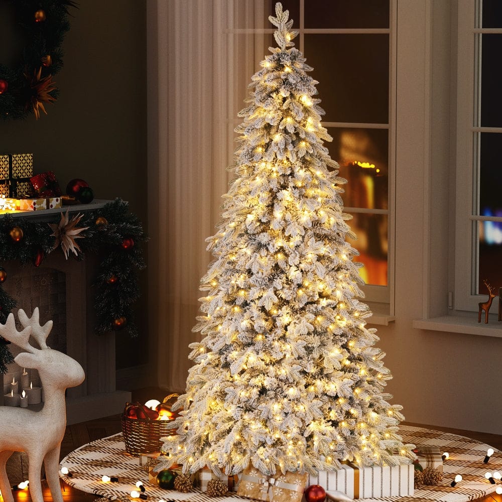 Jingle Jollys Christmas Tree 2.1m Flocking Pencil Tree LED Xmas 860 Tips White - SportZone.co.nz