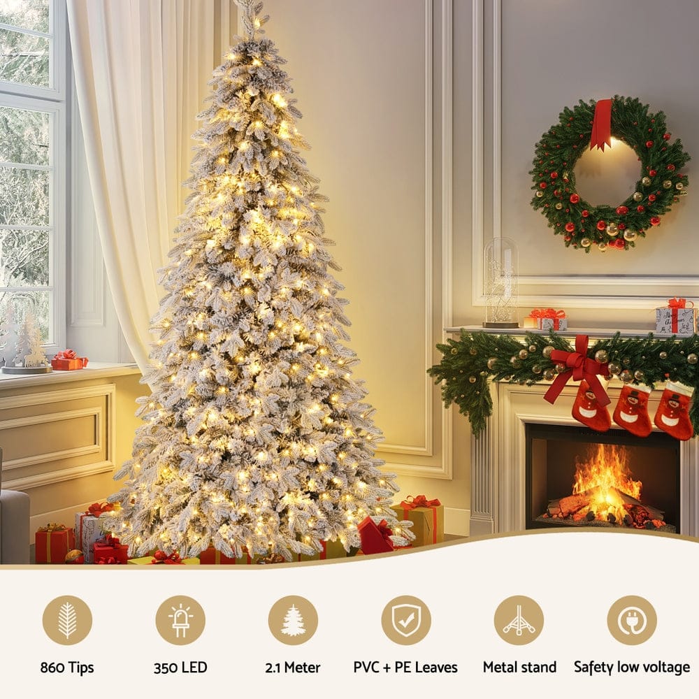 Jingle Jollys Christmas Tree 2.1m Flocking Pencil Tree LED Xmas 860 Tips White - SportZone.co.nz