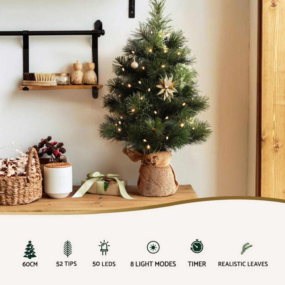Jingle Jollys Christmas Tree 60CM Mini Tabletop 8 Light Modes Timer Xmas Tree - SportZone.co.nz